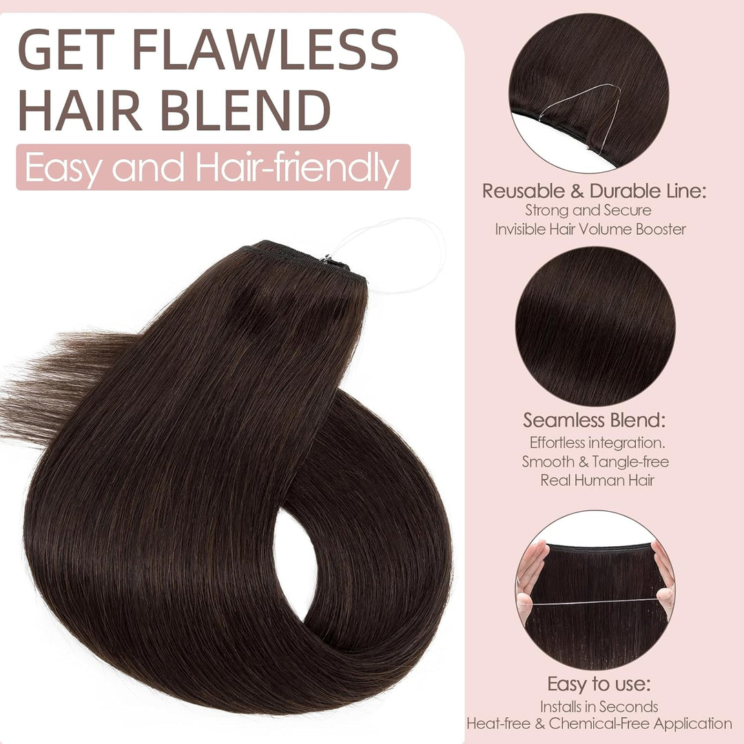 Extensions Echthaar mit transparenter Schnur, Silk-co Wire in ExtensionsDunkelbraun 70g, Secrets Hai