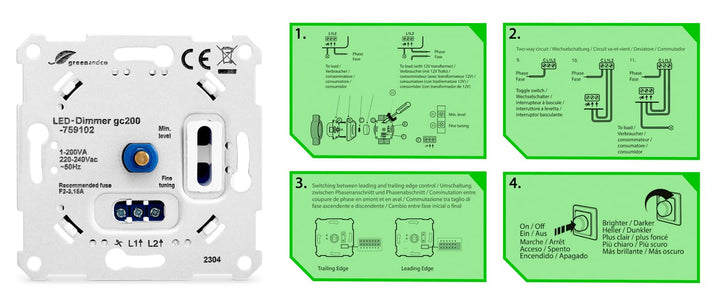 2 Stück greenandco® gc-200 Unterputz LED und Halogen Dimmer 1-200 Watt, auch für herkömmliche Leucht