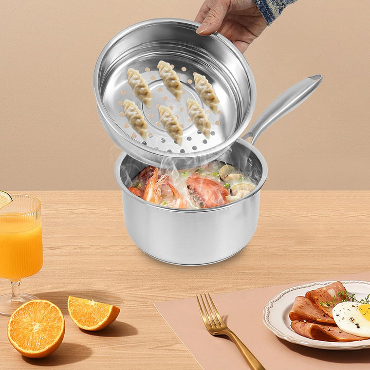 Edelstahl Dampftopf, 2-Ebenen-Mehrzweck-Dampfkochtopf mit Dämpfkorb, Deckel, 2L Dampfkocher für klei