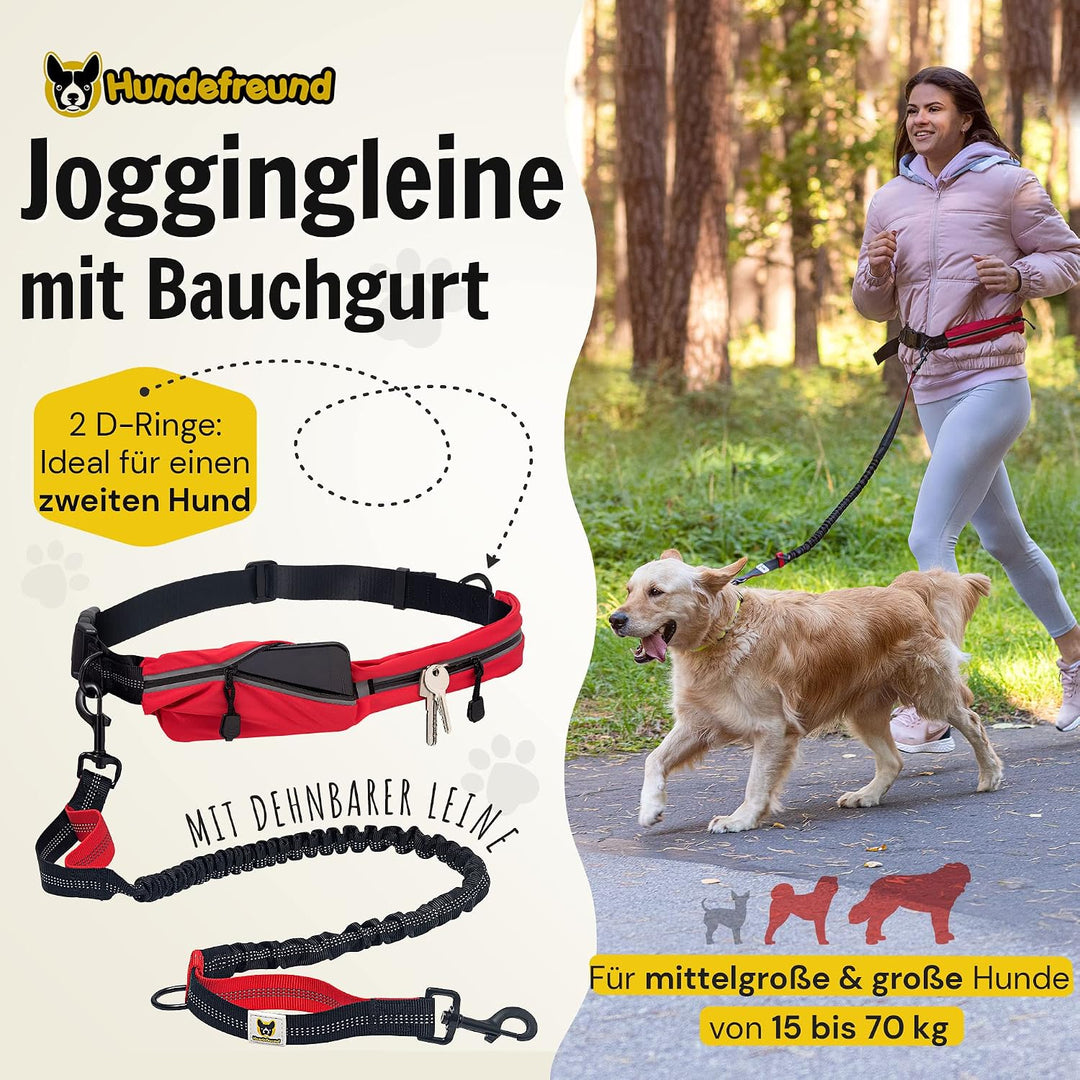Hundefreund Joggingleine mit Bauchgurt Rot | Laufleine Elastisch Ruckdämpfend Reflektierend für mitt