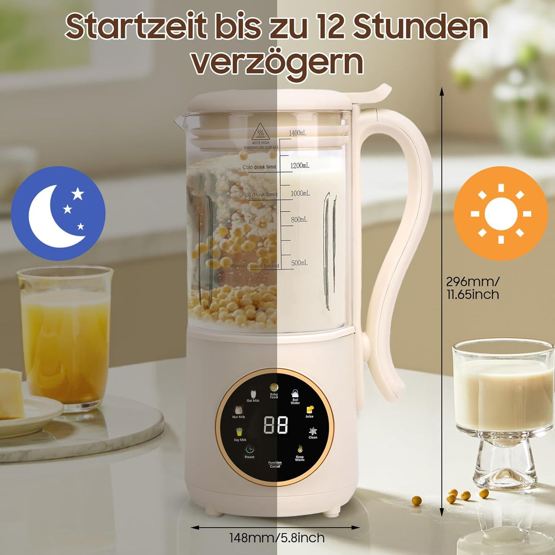 Sojamilch Maschine, 1400ml Automatische Nussmilchmaschine mit 16 Klingen, LED Anzeige, Verzögerungss