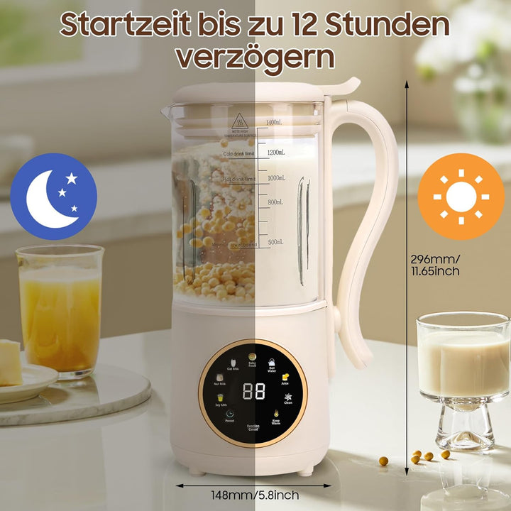 Sojamilch Maschine, 1400ml Automatische Nussmilchmaschine mit 16 Klingen, LED Anzeige, Verzögerungss