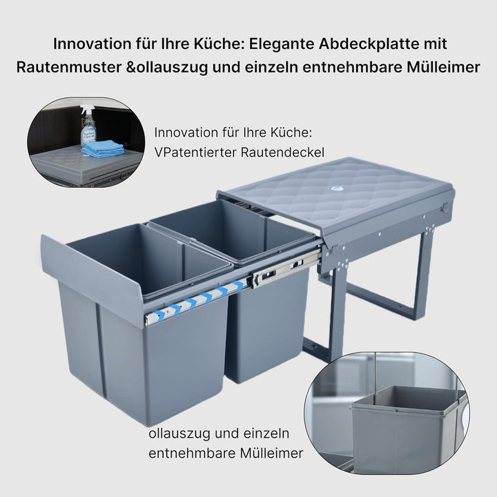 Einbaumülleimer Küche 2 Fächer (2x15L) – Mülltrennsystem,5-Punkt-Verstärkung,ausziehbarer Unterschra