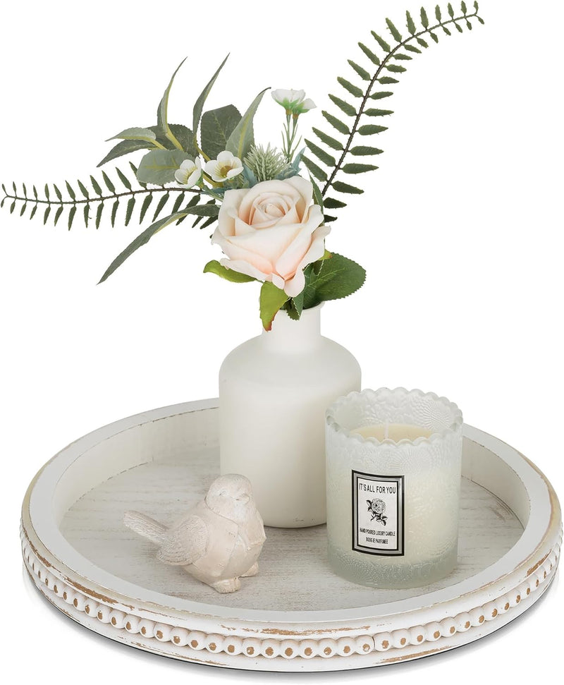 Romadedi Holztablett Rund Deko Tablett：Vintage Weiss Shabby Holz Serviertablett Kerzentablett Dekota