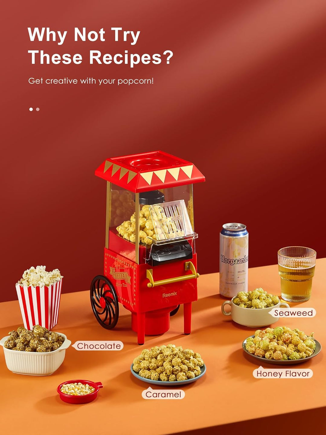 Popcornmaschine, Reemix Popcorn Maker für Zuhause, 2 Minuten schnelles,Fat Free,Oil-Free, leistungss