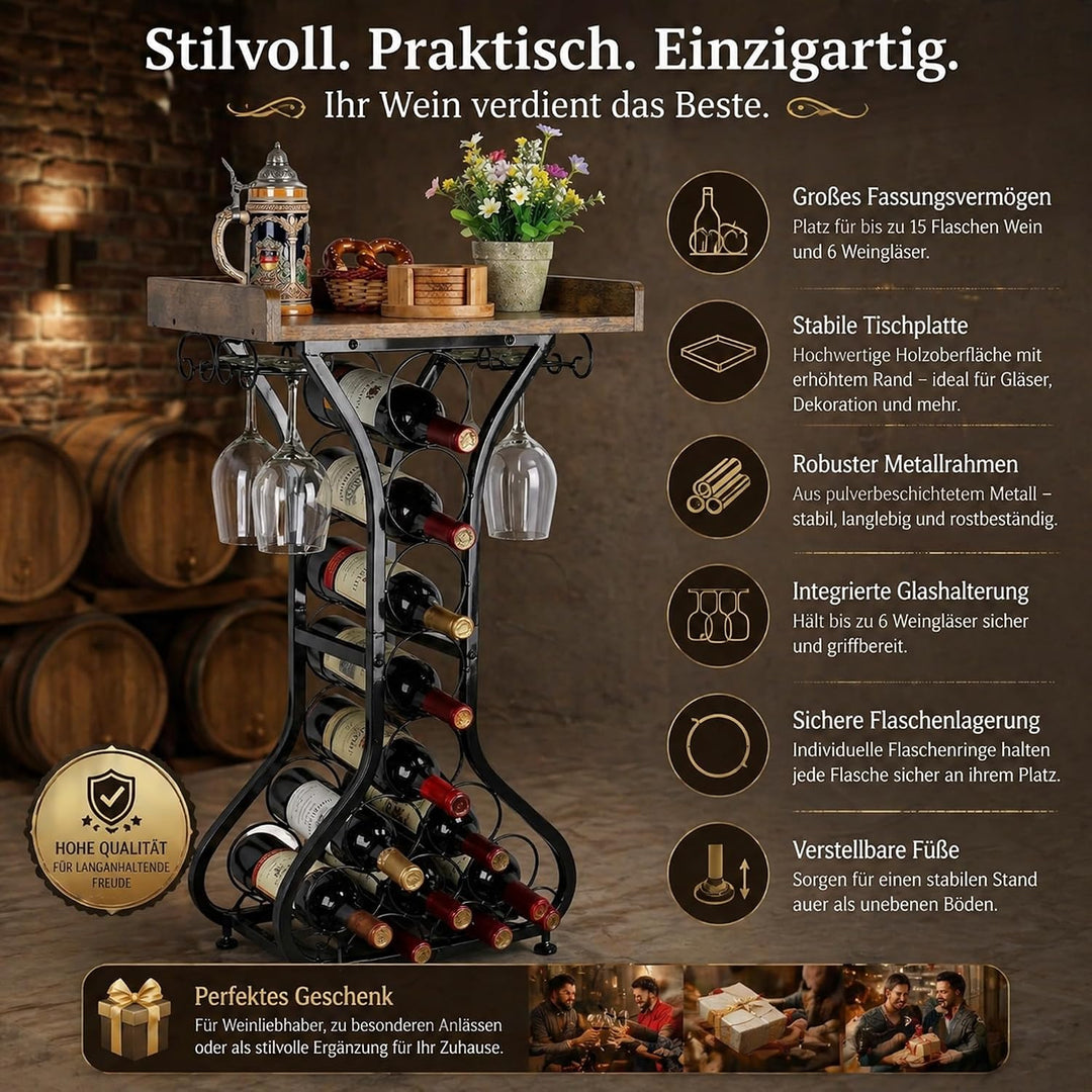 Weinregal Freistehend für 14 Flaschen, Weinflaschenhalter aus Metall mit Glashalter für 4 Gläser und