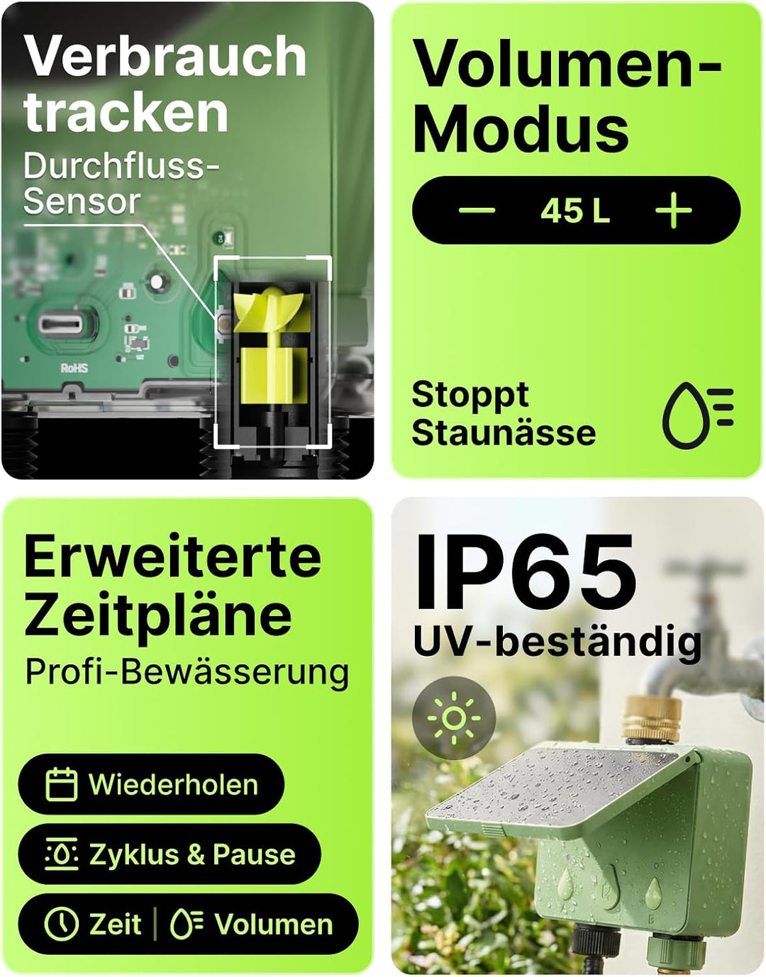 Solar WLAN Bewässerungscomputer für Garten, 2-Wege Smart Bewässerungsuhr mit Durchflussmesser, Kein