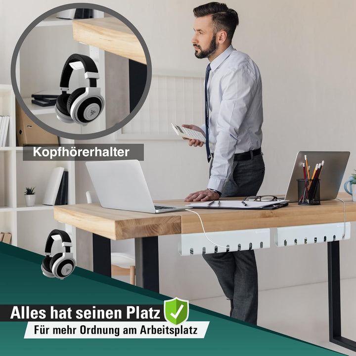Fidelamo® Kabelkanal Schreibtisch [2 Stück] inkl. Zubehör + Kopfhörerhalter [1 Stück] - Komplettset