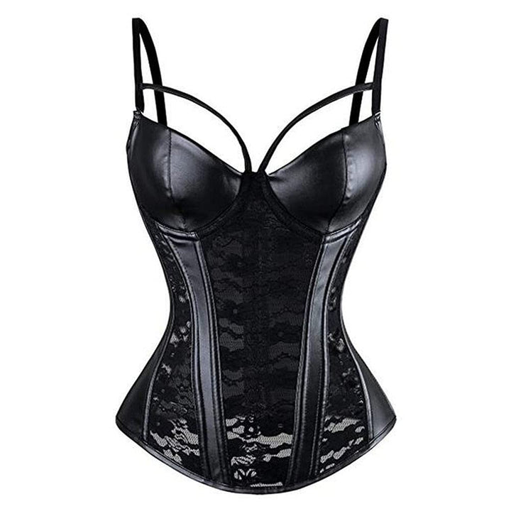 Woboren Damen Burlesque Vollbrust Faux Leder Korsett Corsage Top Bustier Schwarz 5XL Schwarz, 5XL Sc