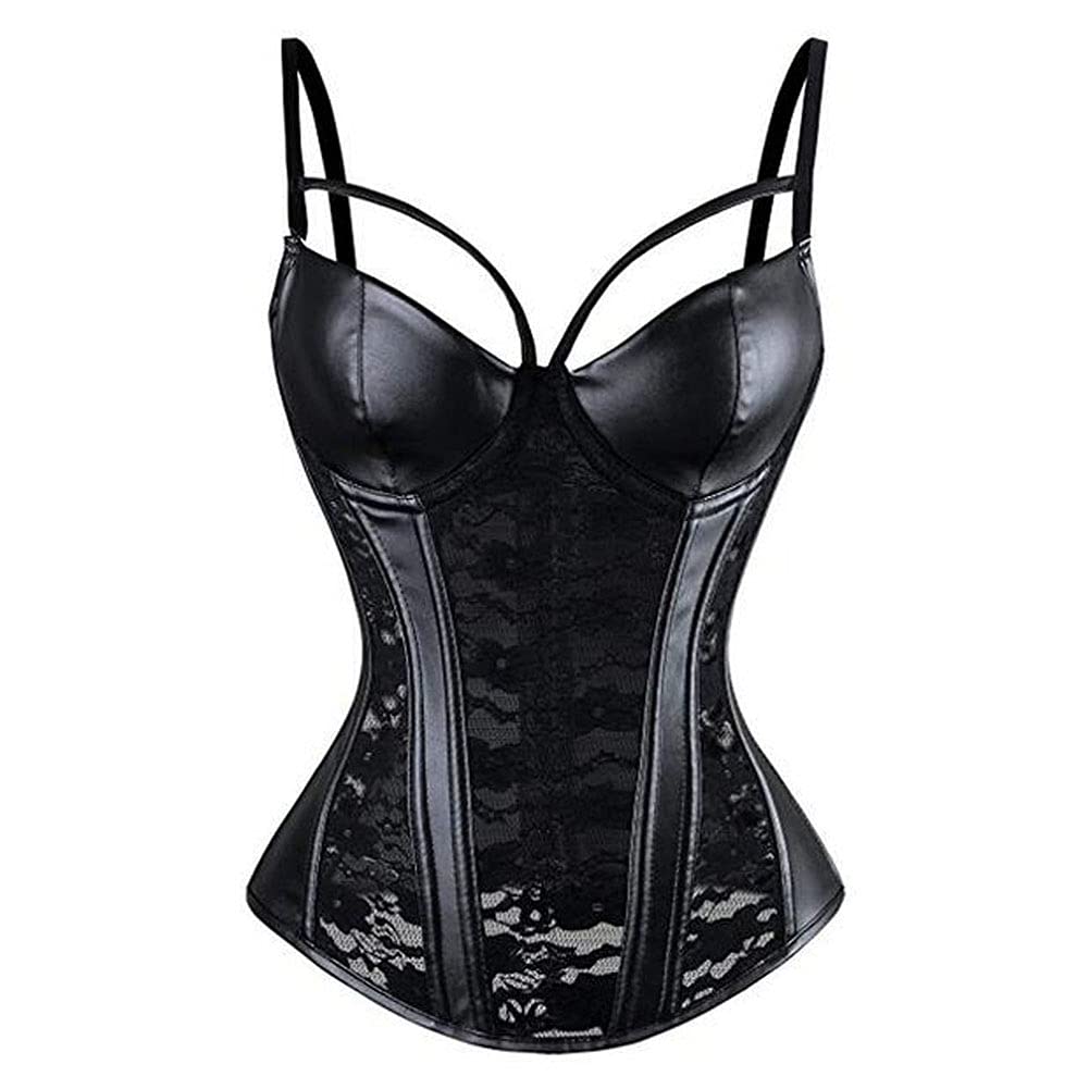 Woboren Damen Burlesque Vollbrust Faux Leder Korsett Corsage Top Bustier Schwarz S Schwarz, S Schwar
