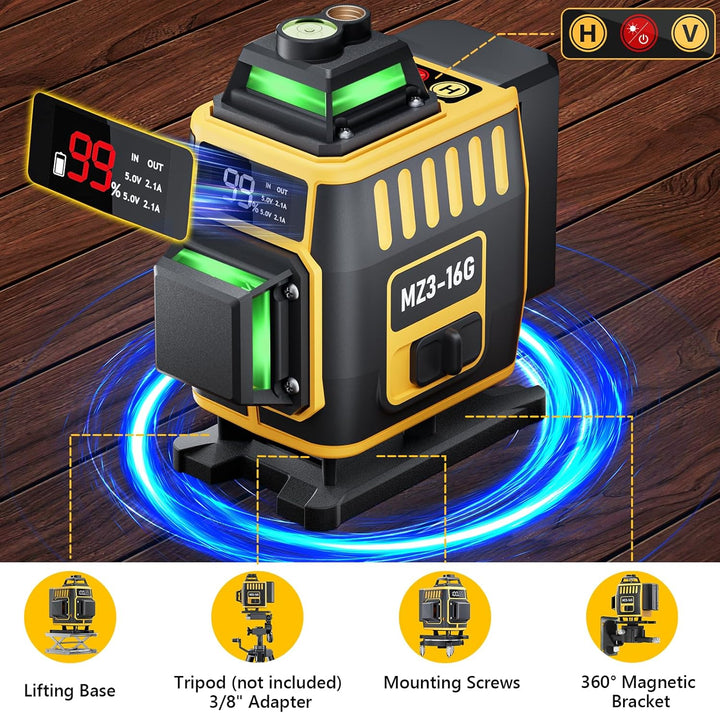 Kreuzlinienlaser Grün 16 Linien,4 x 360 °Laser Wasserwaage Selbstnivellierend,Nivellierlaser mit LED