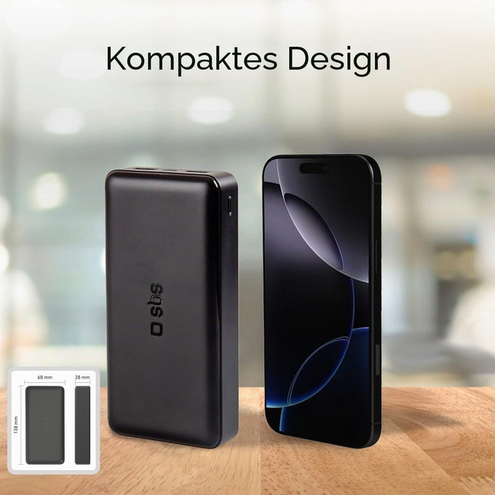 SBS Power Bank Ladegerät 20000 mAh, 1 x 10W USB-A Port und 1 x 5W, 1 x 10W USB-C, schlank, leicht, l