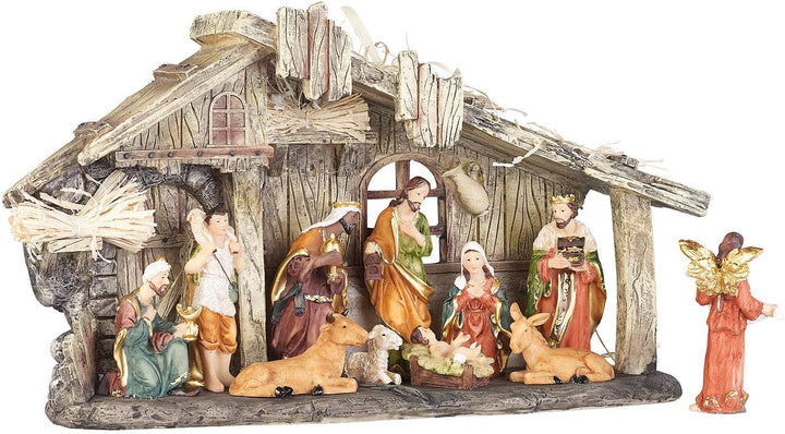PEARL Krippen: Weihnachtskrippe aus Polyresin mit 11 handbemalten Figuren (Krippe mit handbemalten