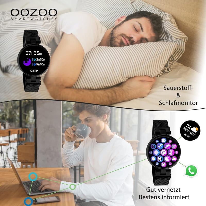 Oozoo Smartwatch Unisex Fitnessuhr 39mm mit 16mm Milanaiseband für Damen und Herren | Fitness Armban