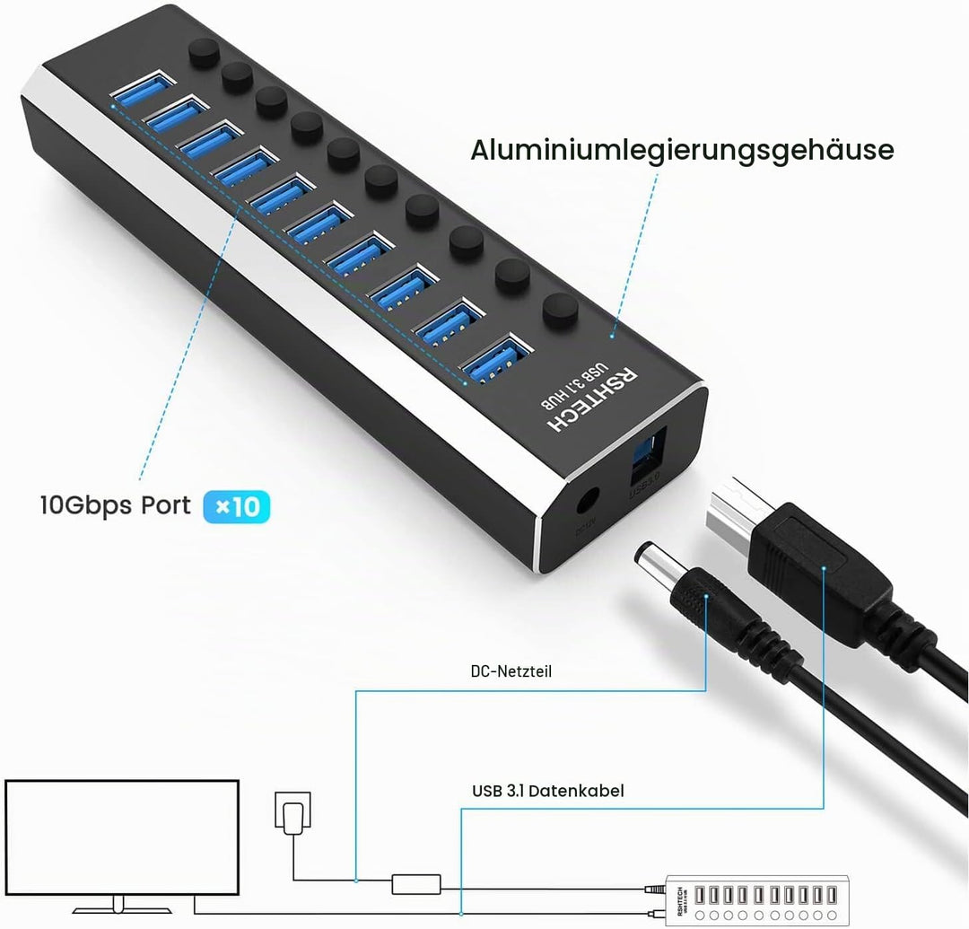 RSHTECH USB 3.1 Hub mit Netzteil 36W, mit 10*10Gbps USB 3.2-Port Aluminium USB Hub 3.2 Gen2 Aktiv mi