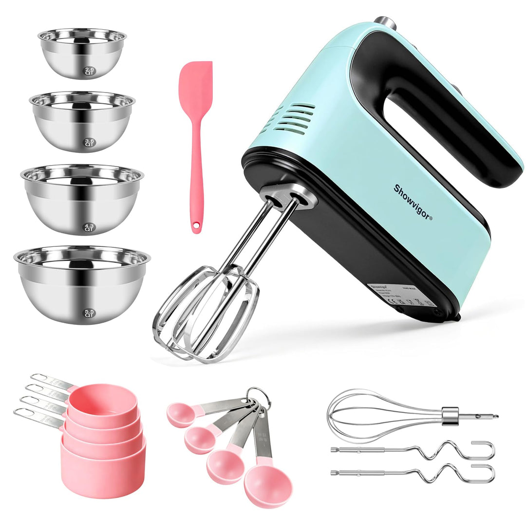 Showvigor Handmixer Set, Elektrischer Mixer mit 5 Geschwindigkeitsstufen, 300-Watt-Motor, 5 Edelstah
