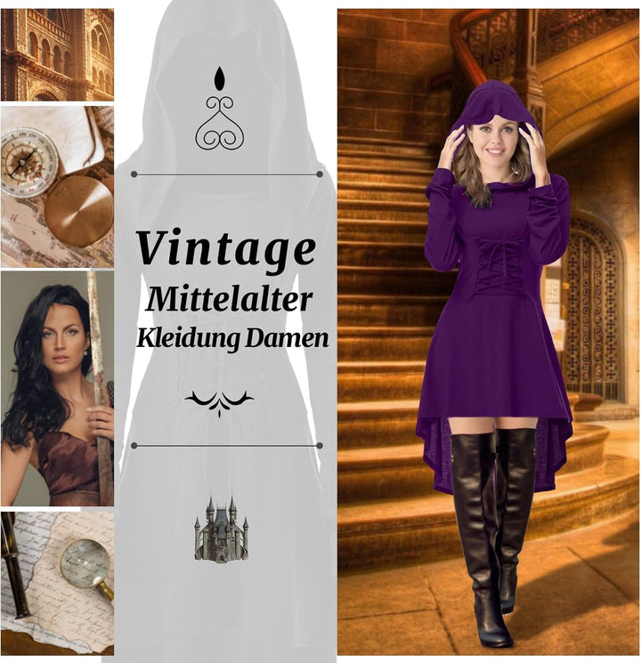 Pianocean Mittelalter Kleidung Damen, Renaissance Kleid, Gothic Kleid，Renaissance Mit Kapuze Langarm