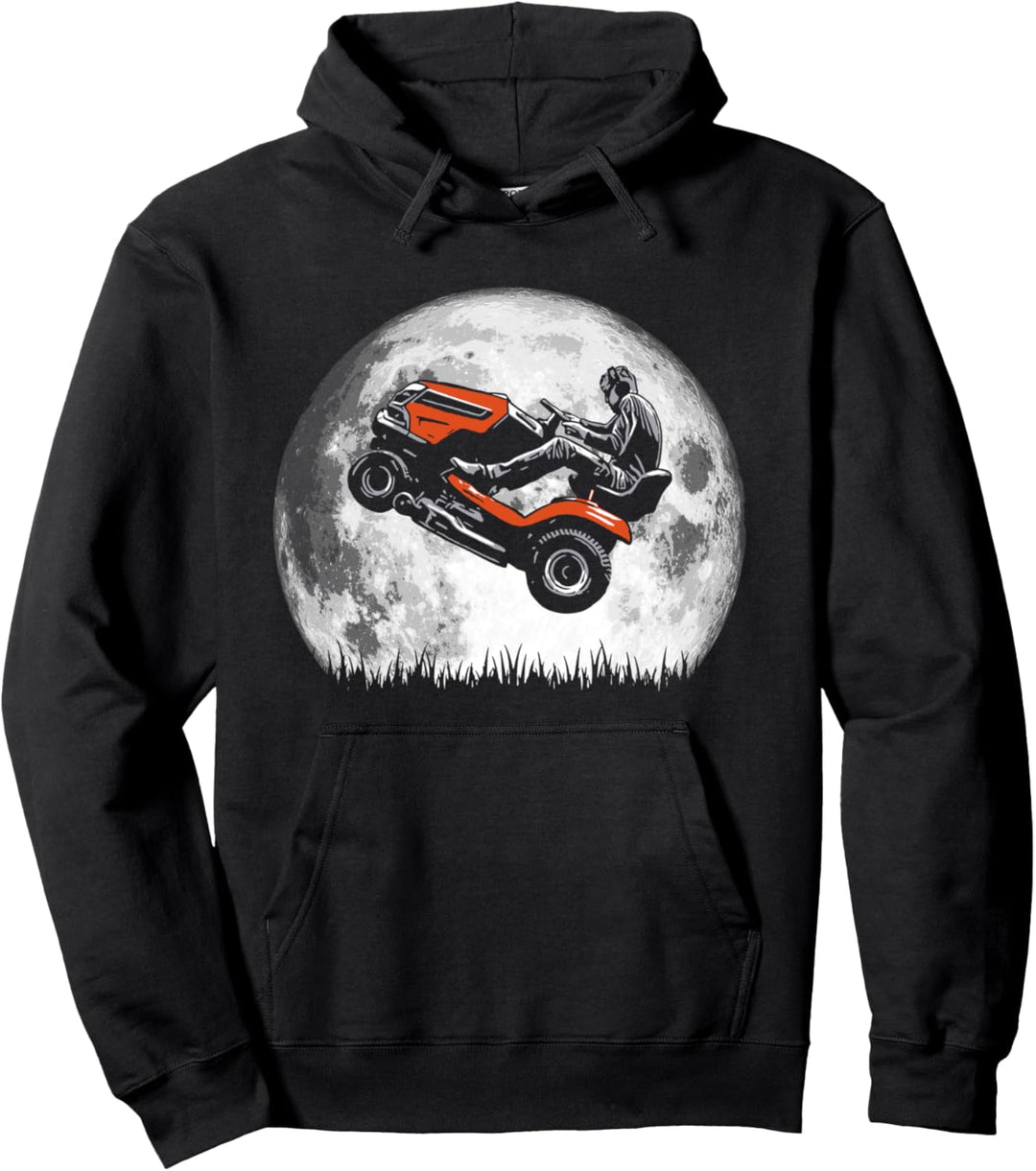 Riding Lawn Mower Wheelie Funny Vintage Moon Night Graphic Pullover Hoodie