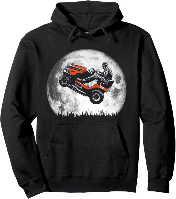 Riding Lawn Mower Wheelie Funny Vintage Moon Night Graphic Pullover Hoodie