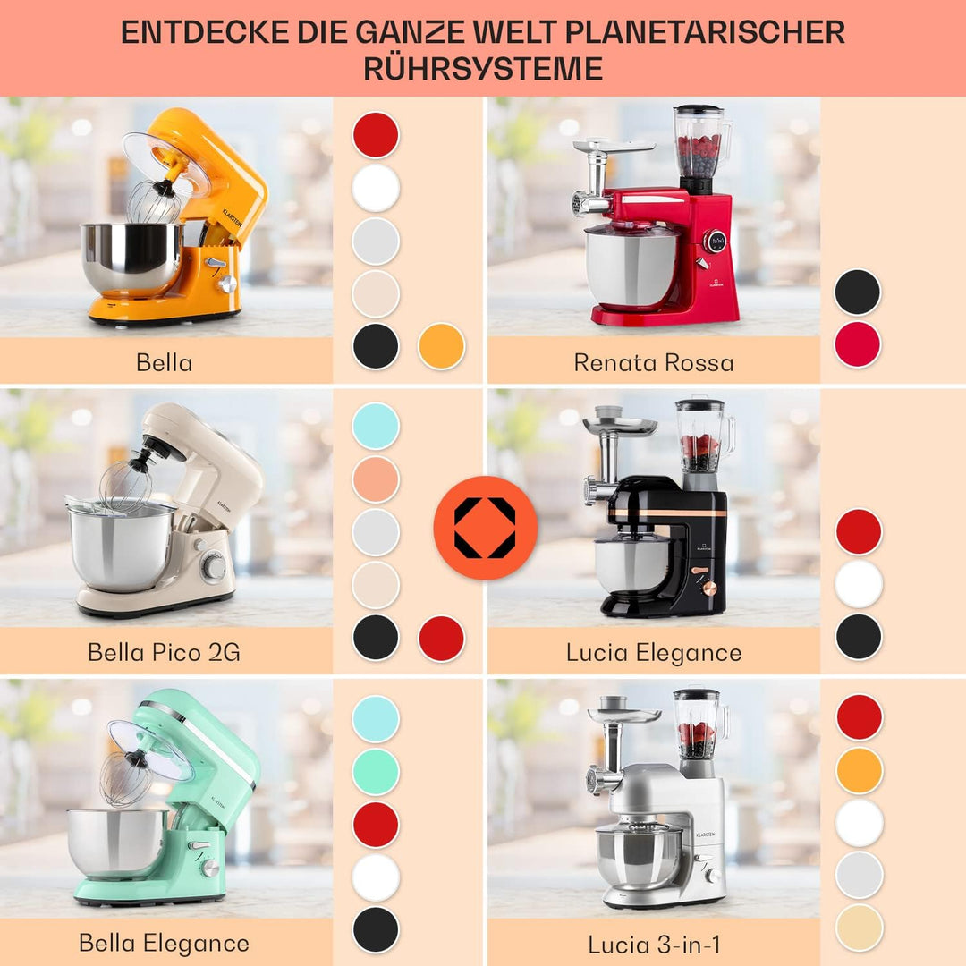 Klarstein Knetmaschine Küchenmaschine mit Fleischwolf, 1800W Teigmaschine Klein, 6 Stufen, Schneebes