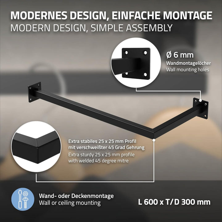 ML-Design Kleiderstange Übereck für die Wand, T30cm x B60cm, Schwarz, aus Stahl, rostfrei, Garderobe