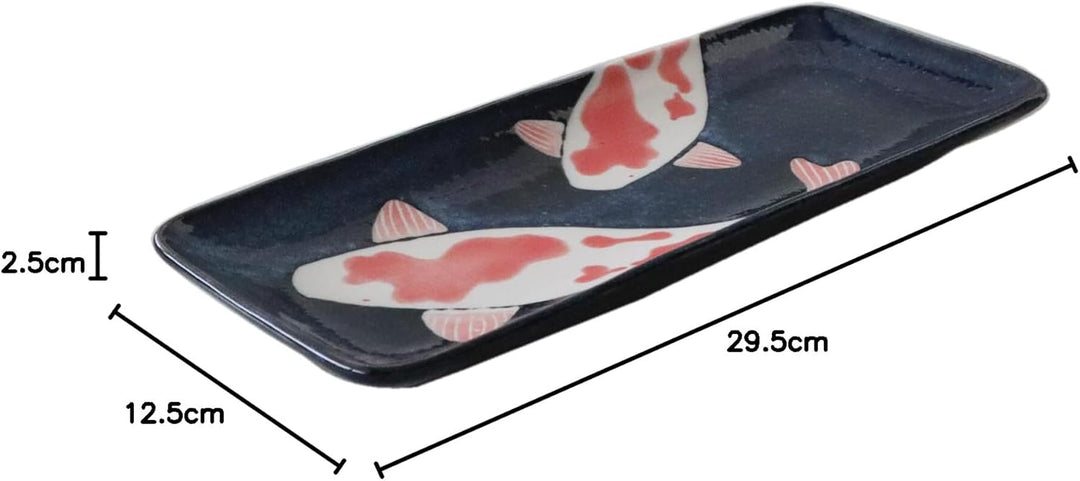 Japanischer Mino-Yaki-Keramik-Sushi-Teller, rechteckiger Teller, 29,5 cm, rote Karpfen auf schwarzer