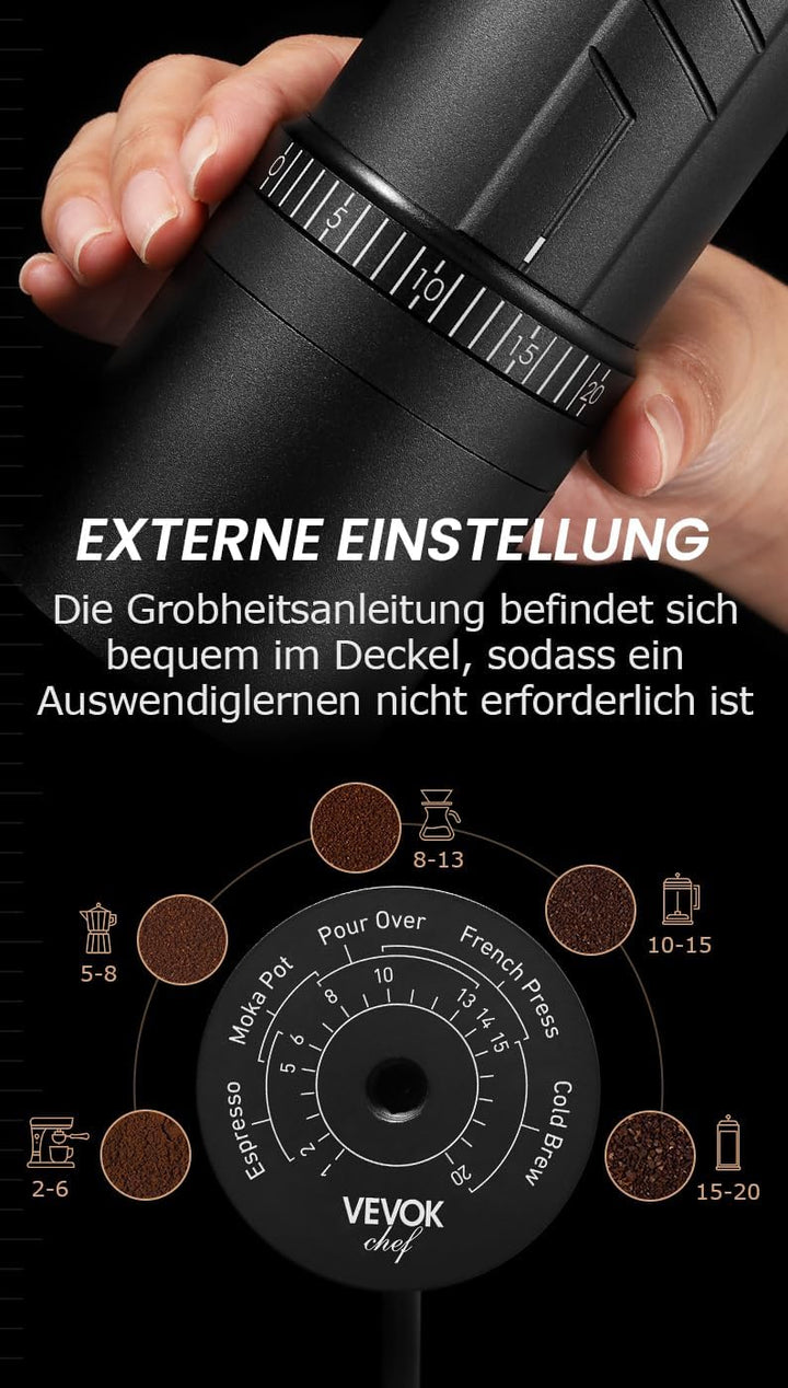 Vevok Chef O20 manuelle Kaffeemühle | 20 stufiges extern einstellbares Mahlwerk | 35 g Kapazität | i