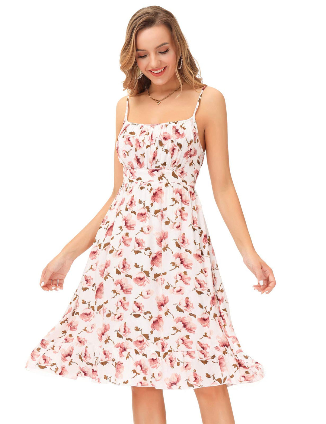 GRACE KARIN Damen Sexy Spaghetti Straps Kleid A-Linie ärmellos rückenfrei Casual Midikleid Blumenmus