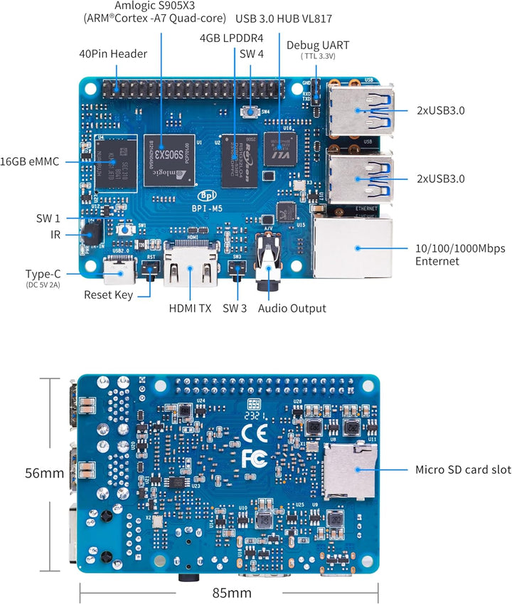 youyeetoo Banana Pi BPI-M5 Amlogic S905X3 Single Board Computer with 4GB RAM and 16G eMMC for AIOT S