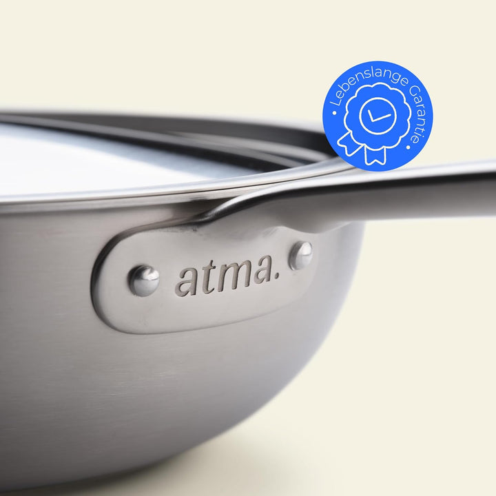 Atma - Wok Edelstahl 24 cm - 3-lagig - mit Deckel - PFAS- &amp; PTFE-frei | Genieteter Griff - Edelstahl