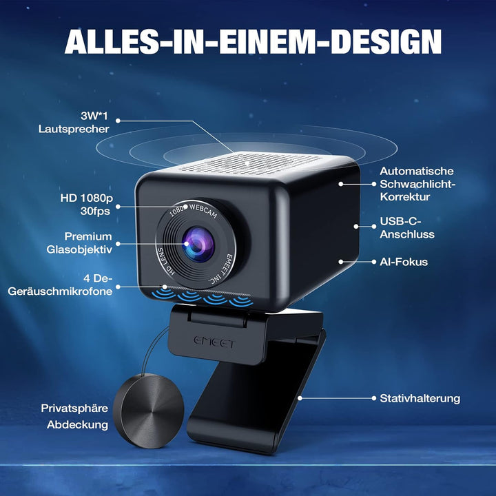 EMEET 1080P HD Webcam, Streaming Webcam mit 4 De-Noise Mikros, Smart KI Fokus & Low-Light Korrektur,