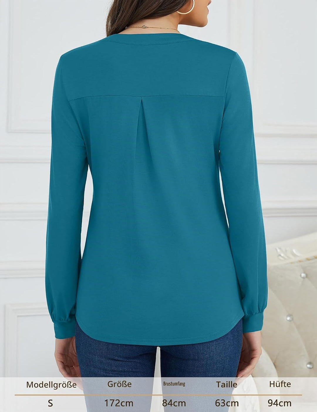 Beluring Langarmshirt Damen Elegant V Ausschnitt Tunika Bluse Einfarbig T-Shirt S Seeblau, S Seeblau
