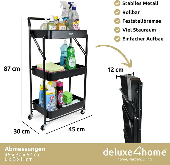 deluxe4home® Servierwagen mit 3 Ebenen Klappbar I Servierwagen Küchenwagen mit Griff I Rollen mit Br