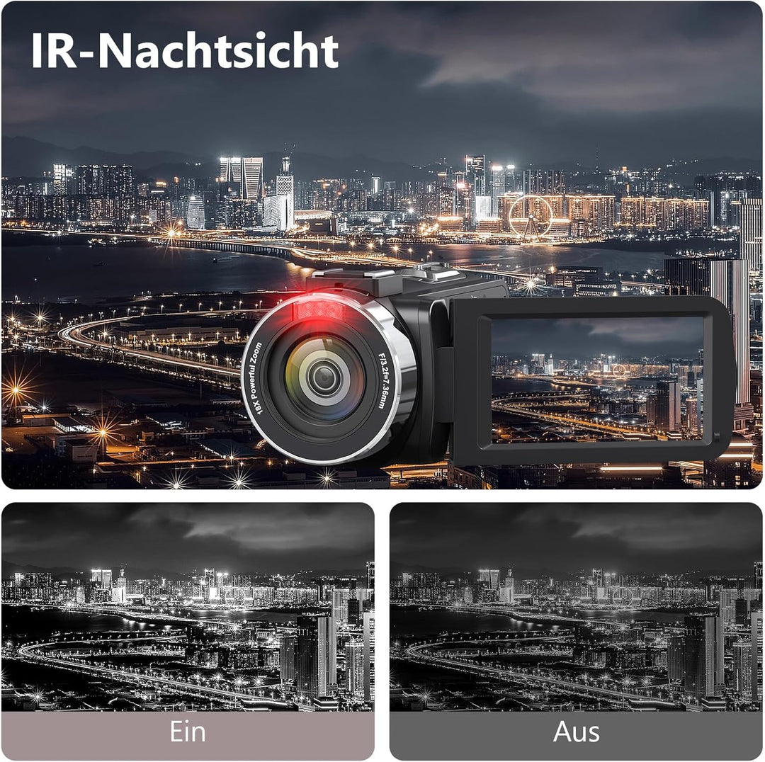 Videokamera 4K Camcorder HD 80MP IR-Nachtsicht Vlogging Kamera für YouTube, Webcam Camera mit 18-Fac