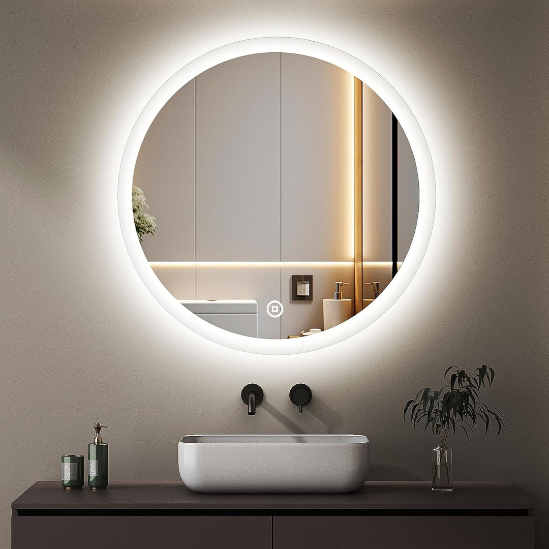 Boromal Badspiegel Rund 60x60cm Badezimmerspiegel mit Beleuchtung 3 Lichtfarbe Dimmbar 3000-6500K 18