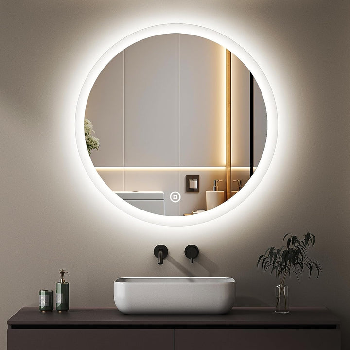 Boromal Badspiegel Rund 60x60cm Badezimmerspiegel mit Beleuchtung 3 Lichtfarbe Dimmbar 3000-6500K 18