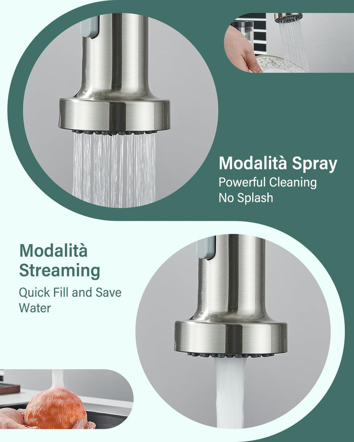 Wasserhahn Küche, Federhahn aus gebürstetem mit Pull Down Sprühkopf,Spültischarmatur 360°Drehung Gee