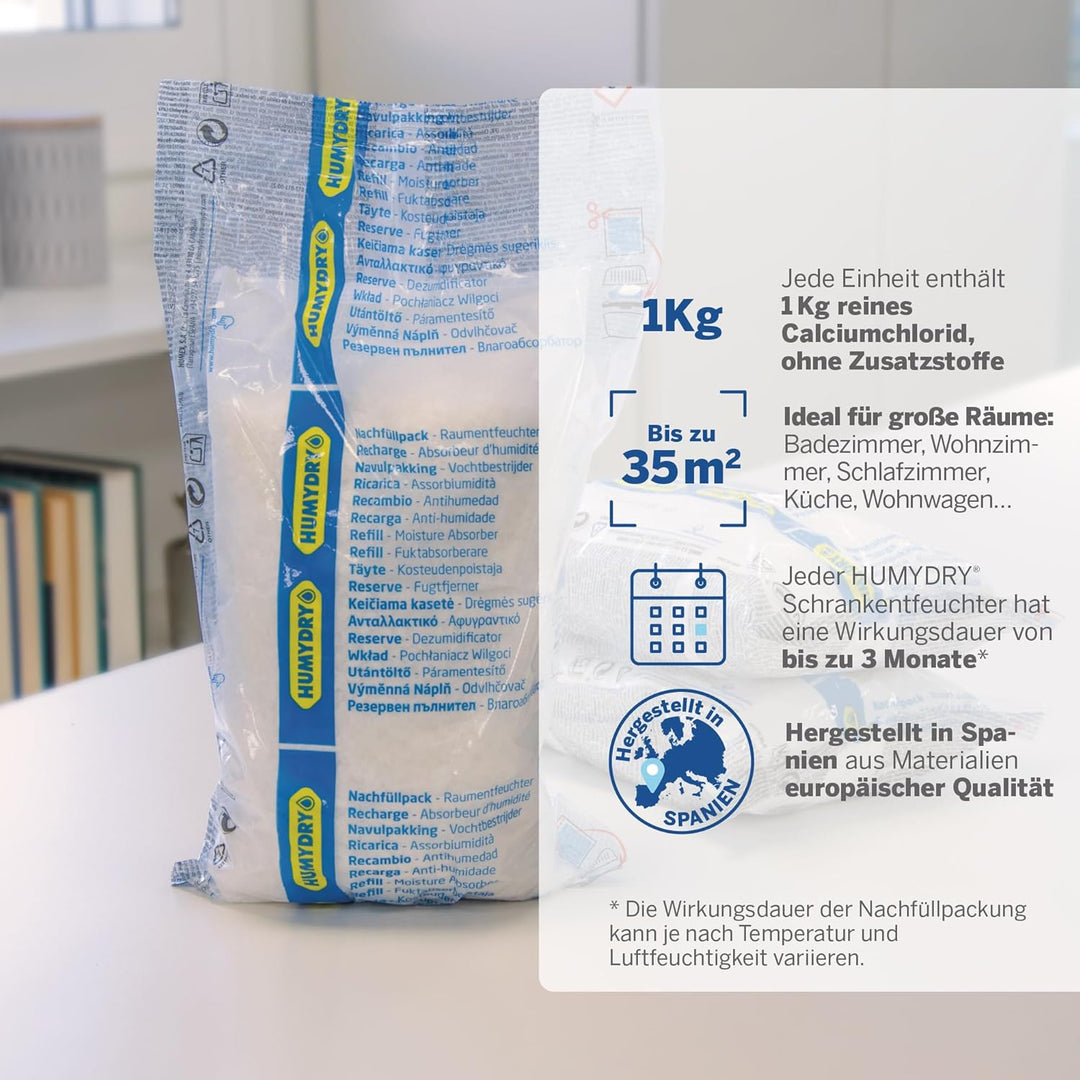 HUMYDRY® 6er-Set Nachfüllpackungen 1kg für Luftentfeuchter ohne Strom | Beseitigt Feuchtigkeit in gr