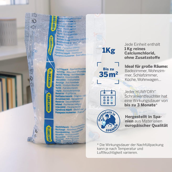 HUMYDRY® 6er-Set Nachfüllpackungen 1kg für Luftentfeuchter ohne Strom | Beseitigt Feuchtigkeit in gr