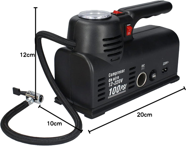 Ferrestock Ca105 Mini-Auto-Kompressor, DC 12 V und 220 V mit eingebautem Manometer