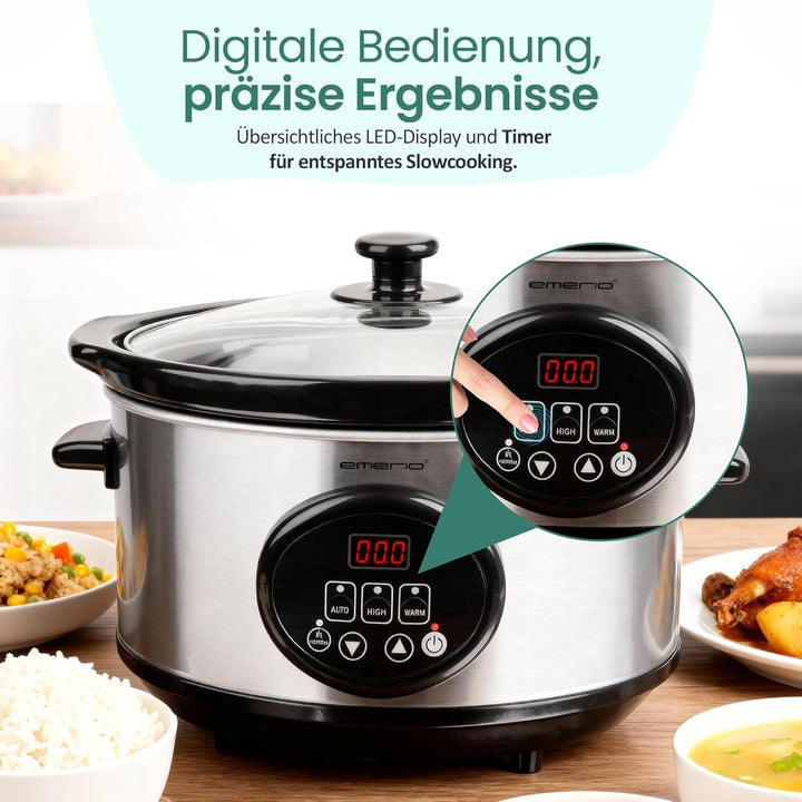 EMERIO Schongarer - Slow Cooker | 3,5L Innentopf aus Keramik (entnehmbar) | 3 Temperaturstufen | Dis