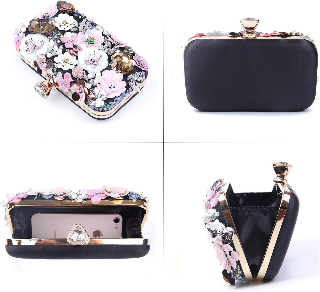 Jywmsc Damen Clutches Blume Abendtasche Handtasche Hochzeit Clutch Party Tasche Schwarz, Schwarz