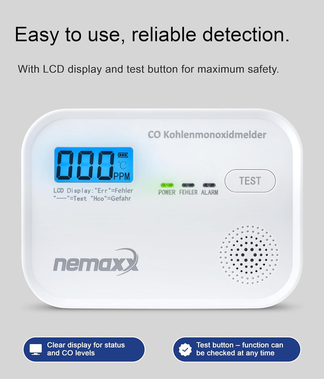CO Melder Kohlenmonoxid Gasmelder Gaswarner Rauchmelder Nemaxx nach DIN EN50291
