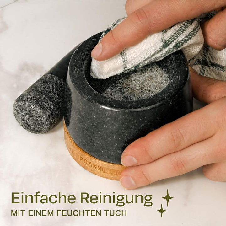 Mörser aus Granit klein mit Stössel - Für ein feines Mahlergebnis - Mit Untersetzer aus nachhaltigem