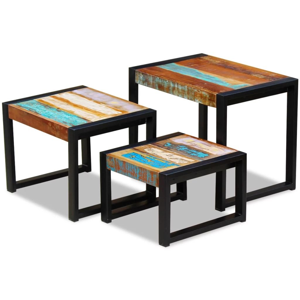 Festnight 3-TLG Satztisch Set | Holz Beistelltisch Sofatisch Kaffeetisch Wohnzimmer Tishch aus Recyc