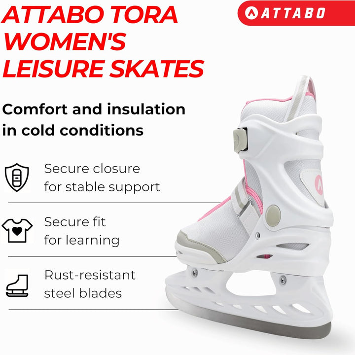 ATTABO Freizeit Schlittschuhe Damen TORA Weiss Grösse 36-41 EU Anfänger Schlittschuhe Schnalle und K
