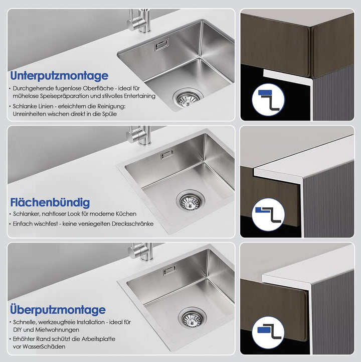 ROVOGO 40 x 55 cm Unterbau Spülbecken Küche, Unterbauspüle aus Edelstahl 304, Küche Spüle mit Siebko