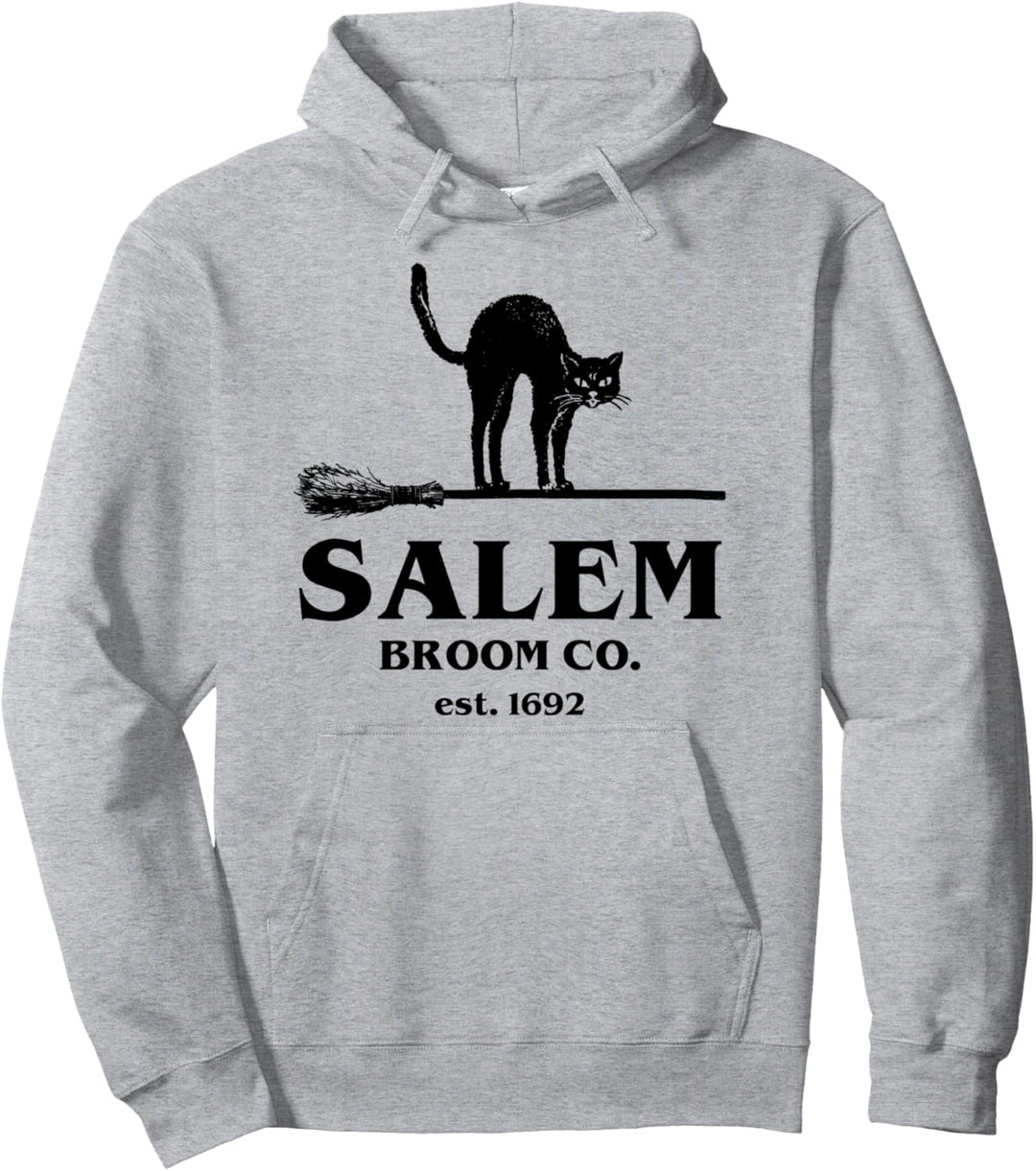 Salem Broom Co Company Halloween Schwarze Katze Hexe Besen Pullover Hoodie