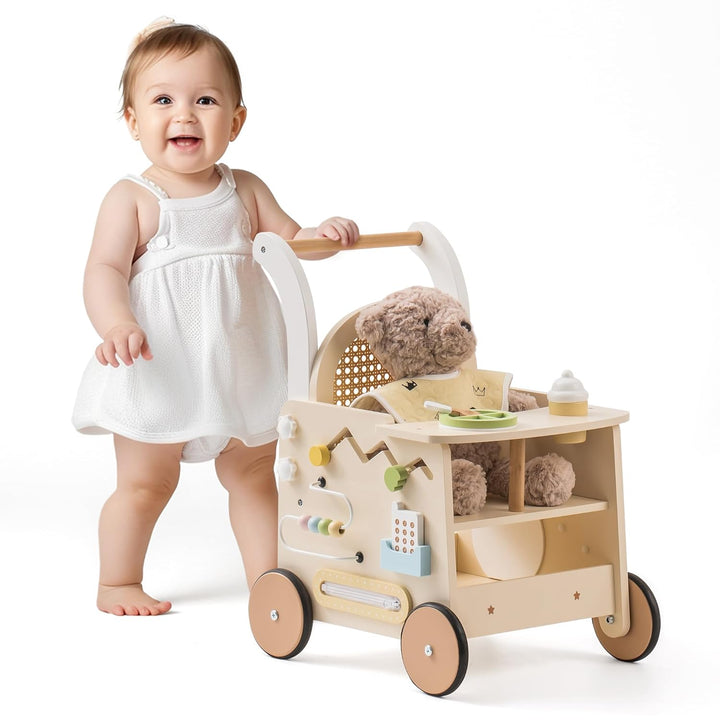 ROBOTIME Holz-Babywalker als Kinderwagen-Spielzeug, mit Geschwindigkeitskontrolle und Unter-Sitz-Auf