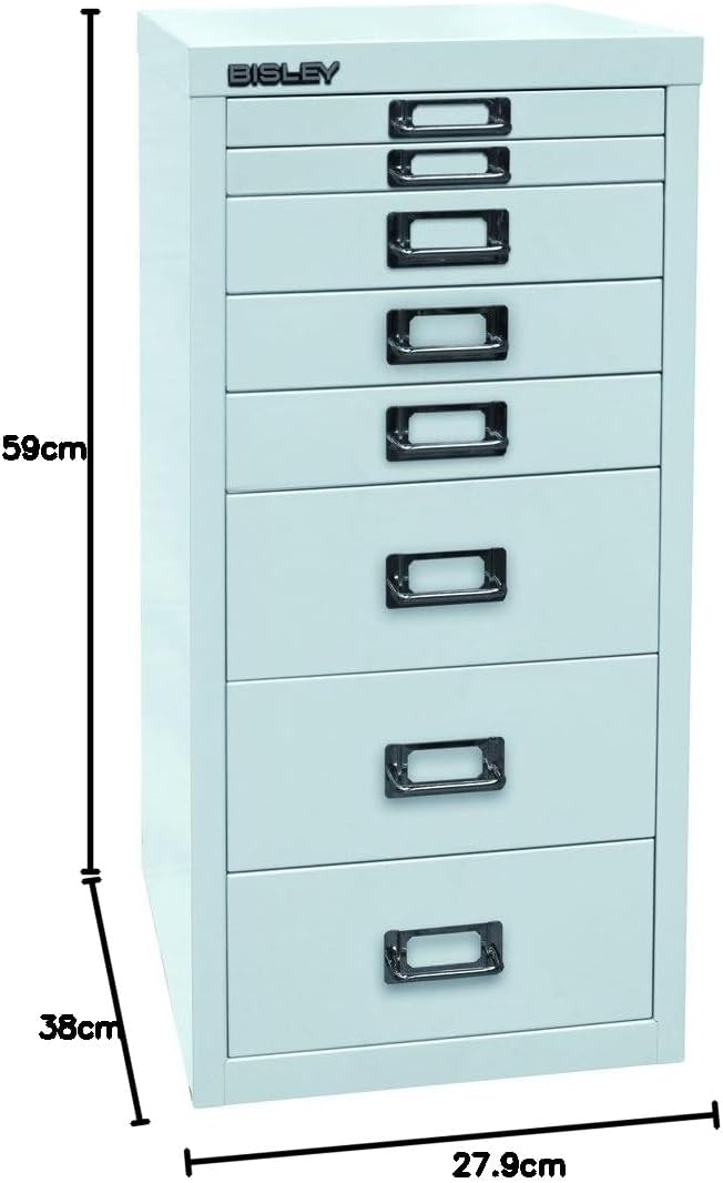 BISLEY MultiDrawer, 29er Serie, DIN A4, 8 Schubladen, Metall, 645 Lichtgrau, 38 x 27.9 x 59 cm